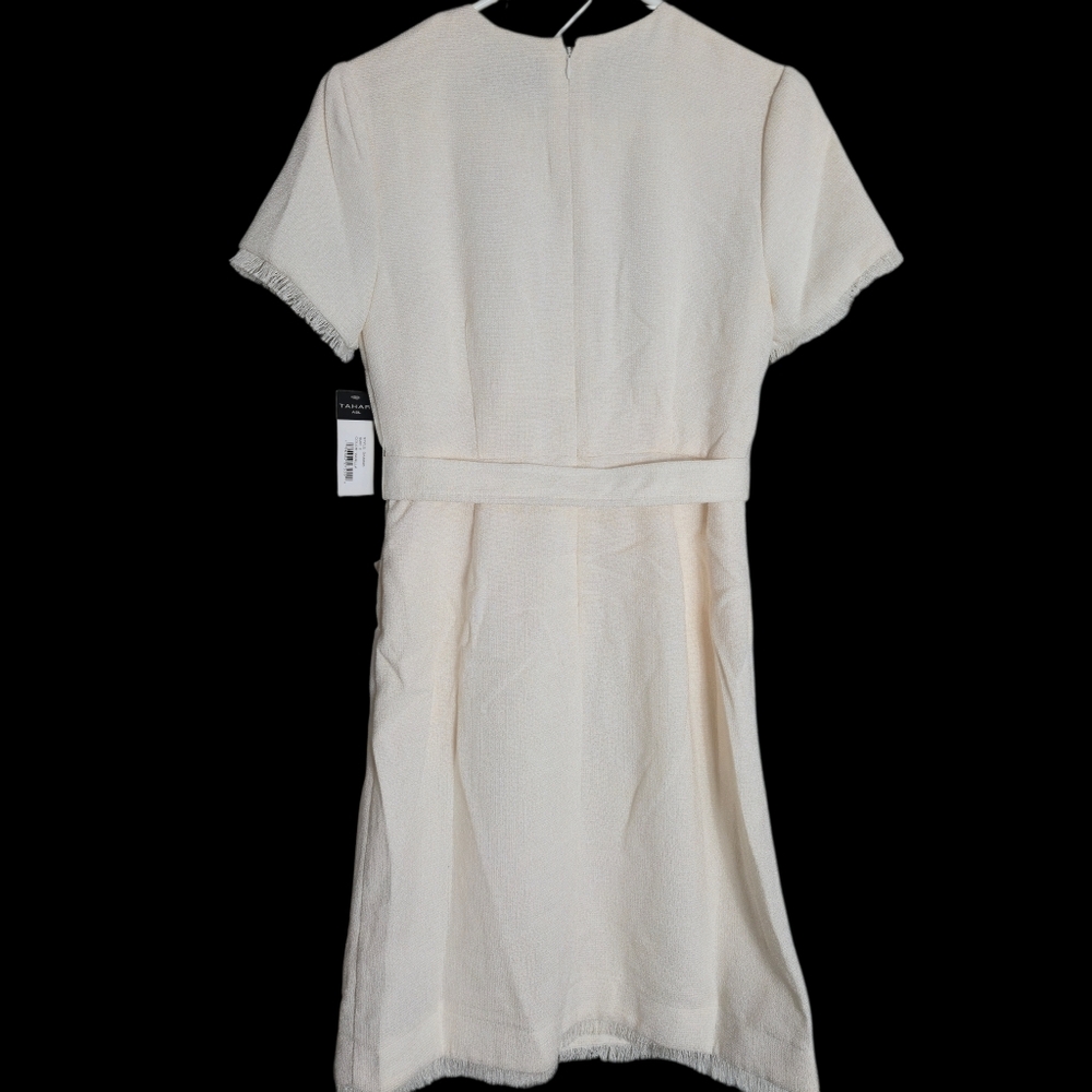 Tahari Vanilla Belted Textured Sheath Dress Off White Cream Fringe Short Sleeve - Picture 8 of 14